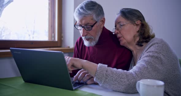 Two Elderly People Sit in Front of the Computer and Write a Letter to Relatives an Old Mature Wife