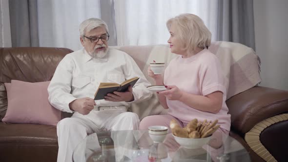 Happy Senior Caucasian Couple Spending Calm Evening at Home, Handsome Mature Man Reading Book