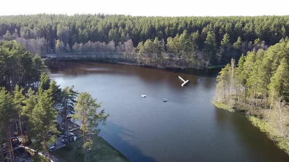 Aerial View of the Lake Borisovskoye, the Forest and the Settlement in Autumn Day, Borisovo