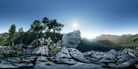 VR 360 Aerial Camera Moving Above Rocks alt