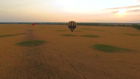 Couple of Hot Air Balloons Floating Over Fields Against Glowing Sky at Dusk