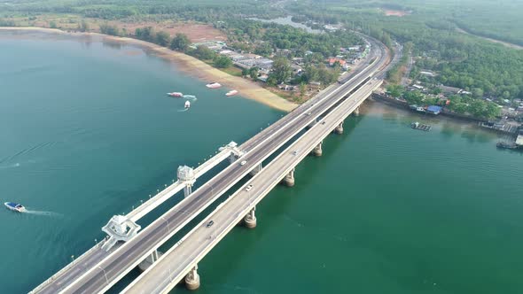 Aerial View Drone shot of sarasin bridge Phuket thailand