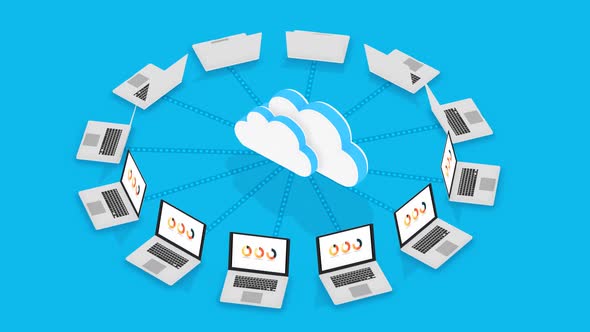 Computer Network Cloud Concept. Notebooks  receiving data from the cloud.