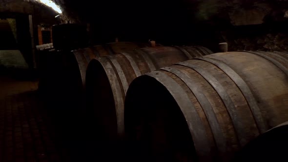 Wine Barrels Stacked in a Old Cellar at Winery