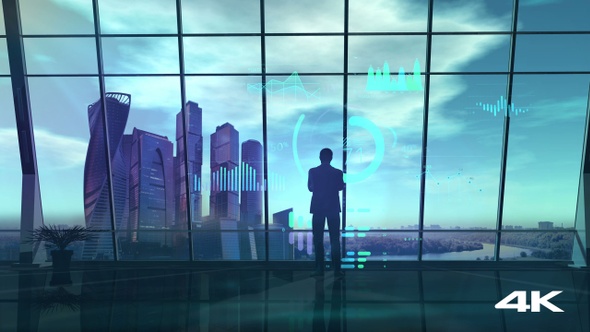 Male Silhouette In Office Opposite Virtual Infographic 4K