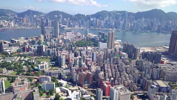 Drone fly over the Kowloon Peninsula in Hong Kong city