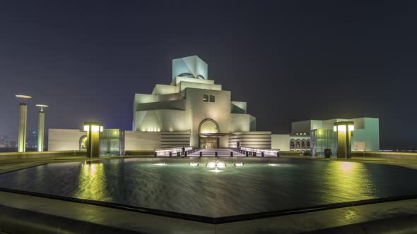 Beautiful Museum of Islamic Art Night Timelapse Hyperlapse in Doha Qatar