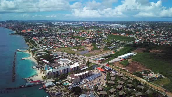 Pan left aerial view of Sunscape Curaçao Resort, Curacao, Dutch island of Curacao. Sunny day with cl