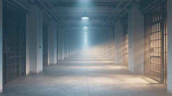 Loopable animation of jail corridor. Inspiring Lighting. Endless walk. Fog 4k HD