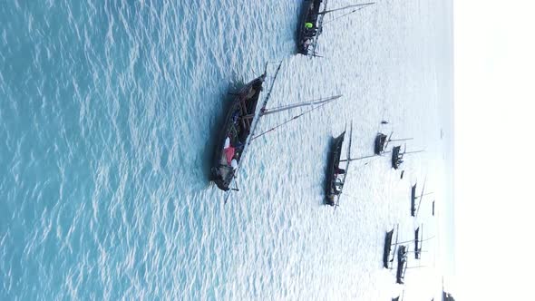 Vertical Video Boats in the Ocean Near the Coast of Zanzibar Tanzania Aerial View