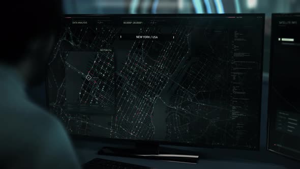 Modern spy software interface searches for suspects location on digital city map alt