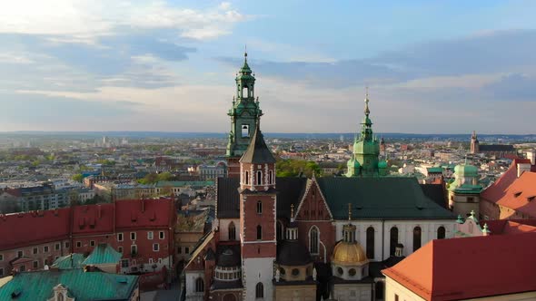 Aerial footage of Wawel Royal Castle in Cracow, Krakow, Poland, Polska