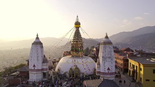 Flying backwards viewing Swayambhunath Stupa