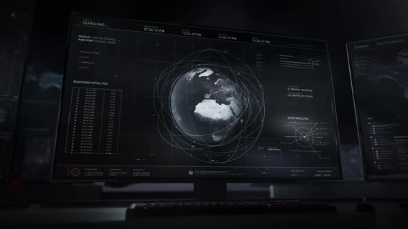 Computer screens and keyboards. Spying technology loading. Belarus analysis.  alt
