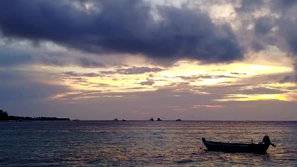 Drone aerial scenery of island beach trip by blue water with sand background