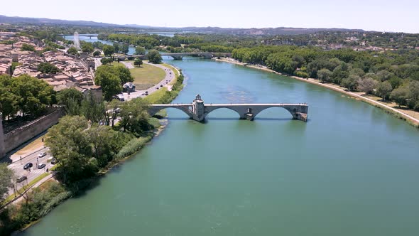 Drone shot of Pont d"Avignon (Avignon Bridge) on Rhone river in France