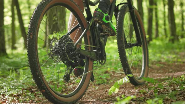 A Man on an MTB Bike is Riding Through the Forest