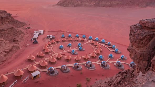 Timelapse View First Human Colony on Mars with Glass Domes Construction and Tents at Sunset Time