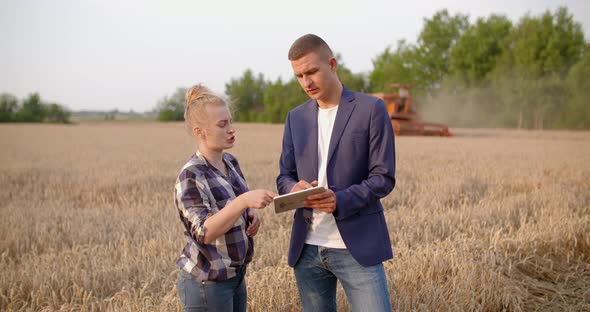 Farmer Examining Wheat Crops in Hands While Using Digital Tablet