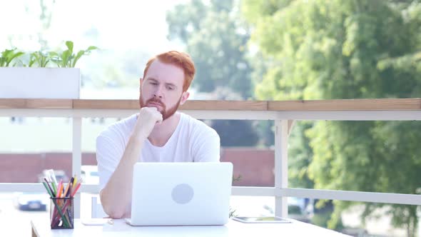 Thinking, Pensive Man Sitting in Balcony of Office, Outdoor
