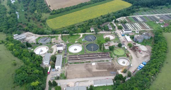 4k aerial footage of wastewater treatment plant.  Cleaning construction for a sewage treatment