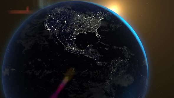 Orbit view of the Earth with the bright city lights. Dark part of the globe.