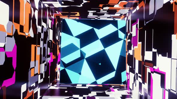 VJ Loop Flight of a Blue Glossy Cube in a Colorful Tunnel