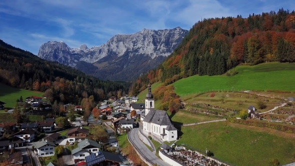 Flight Over Church in Ramsau, Berchtesgaden, Germany