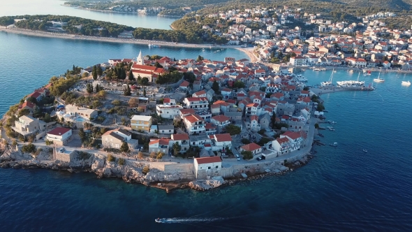 Sunset Flying Over Resort Adriatic Town Primosten, Croatia