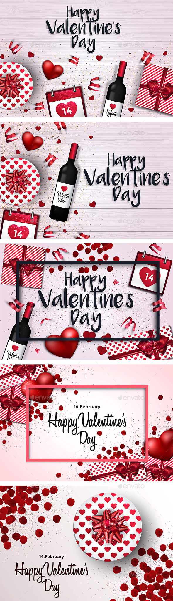 Set of 5 Trendy Valentines Day Greeting Cards Design