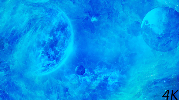 Flying Through Abstract Blue Space Nebula to Big Blue Star and Planets alt