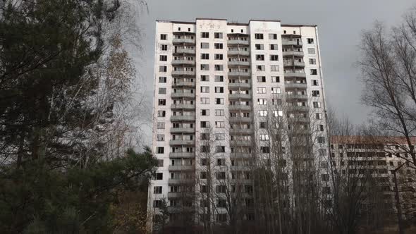 Chernobyl Exclusion Zone. Pripyat. Aerial. Abandoned City Building