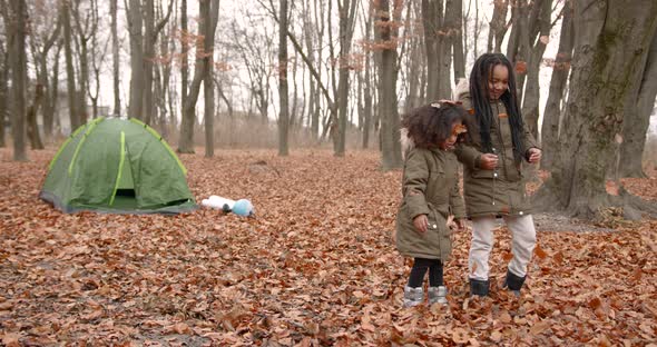 Black Race Sisters Having Fun in Autumn Forest