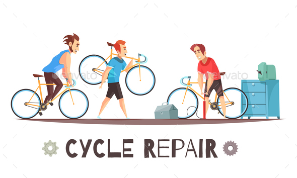 Bicycle Repair Mechanic Cartoon Composition