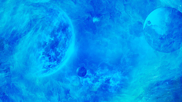 Travel Through Abstract Blue Space Nebula to Big Blue Star and Planets alt
