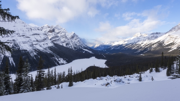 Clouds Flowing Above Peyto Lake on a Snowy Winter Day