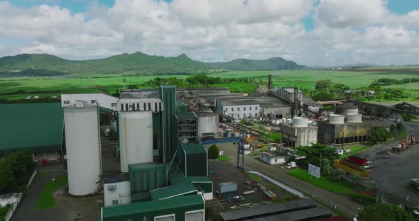 Aerial View of Sugar Factory in Green Sugarcane Fields on Mauritius Island