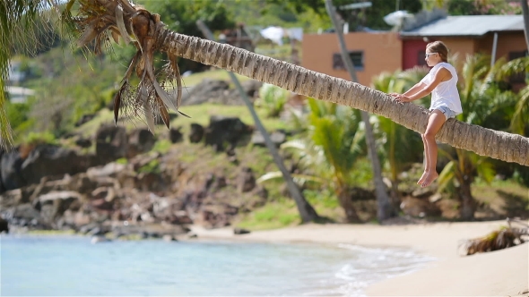 Little Girl at Tropical Beach Sitting on Palm Tree During Summer Vacation