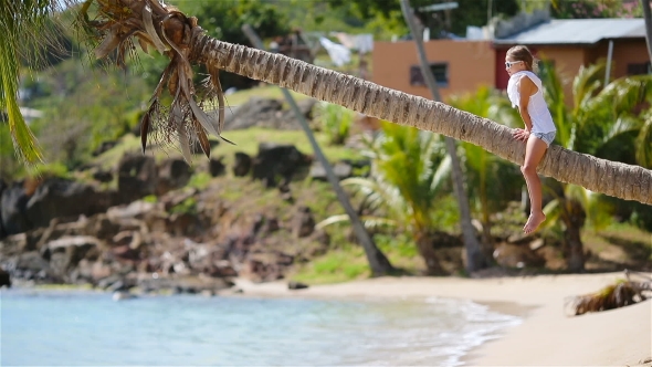 Back View of Adorable Little Girl at Tropical Beach Sitting on Palm Tree During Summer Vacation