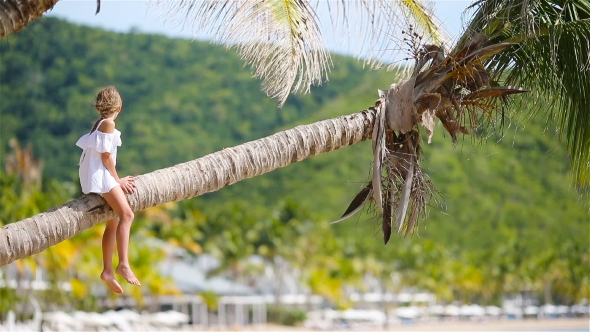 Back View of Adorable Little Girl at Tropical Beach Sitting on Palm Tree During Summer Vacation