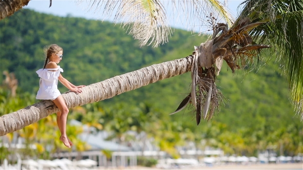 Little Girl at Tropical Beach Sitting on Palm Tree and Havinf a Lot of Fun. Kid on Caribbean