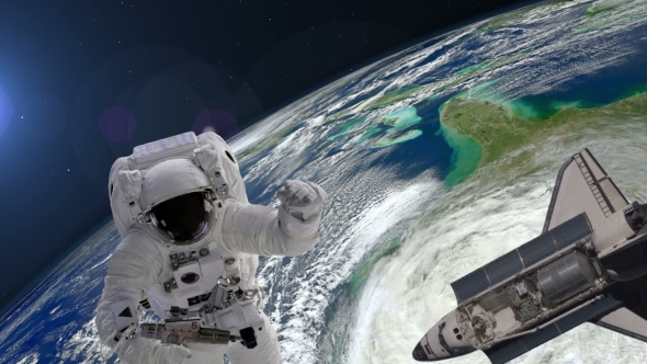 Astronaut with the Tool and Shuttle Above the Earth alt