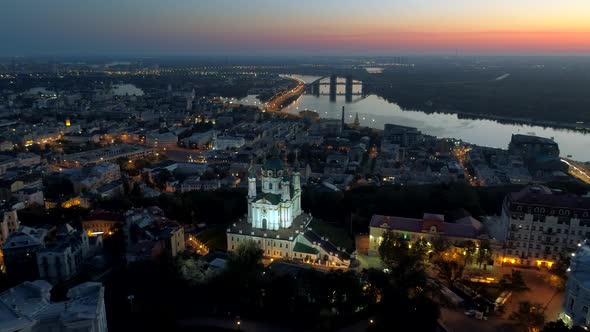 Aerial Sunrise View of Orthodox Church. St. Andrew's Church in Kiev, Ukraine.