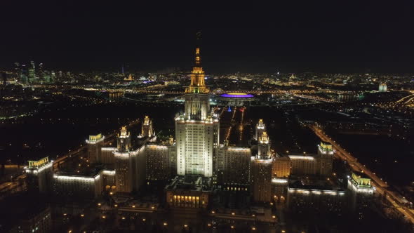 Moscow State University at Night. Russia. Aerial view