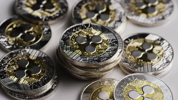 Rotating shot of Bitcoins (digital cryptocurrency) - Ripple