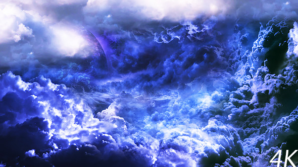 Flying Through Abstract Blue and Violet Clouds to Mysterious Planet and Big Star