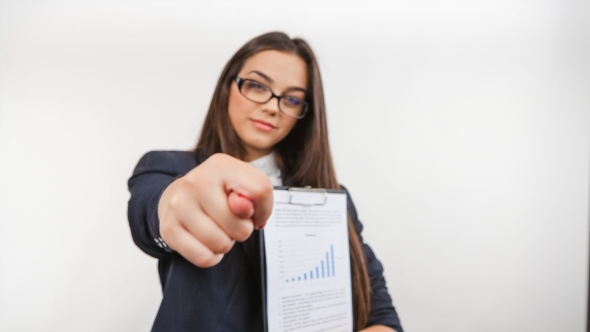 Beautiful Business Woman Showing Fig on Camera, Isolated White Background