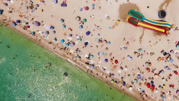 Aerial View of a Crowded Beach in a Sunny Hot DayYellow Sand and Umbrellas