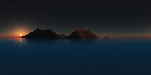 Aerial VR 360 Panorama of Tropical Island with Mountains at Sunset alt