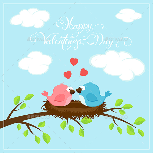 Happy Valentines Day with Two Birds and Hearts